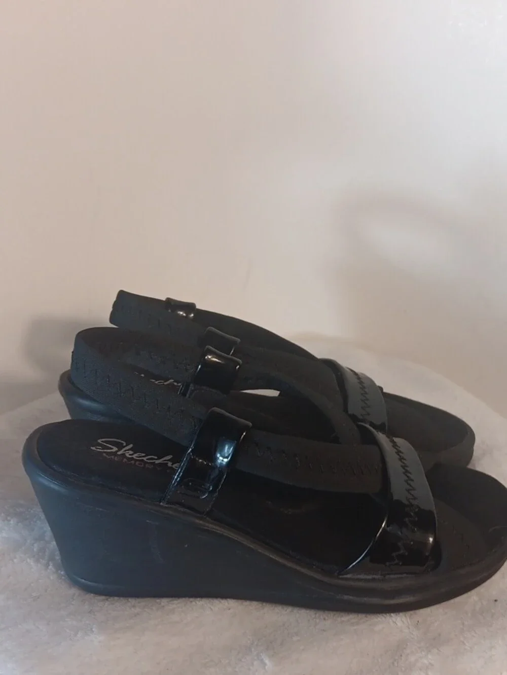 Skechers Black Women's Patent Strap Wedge Sandals
